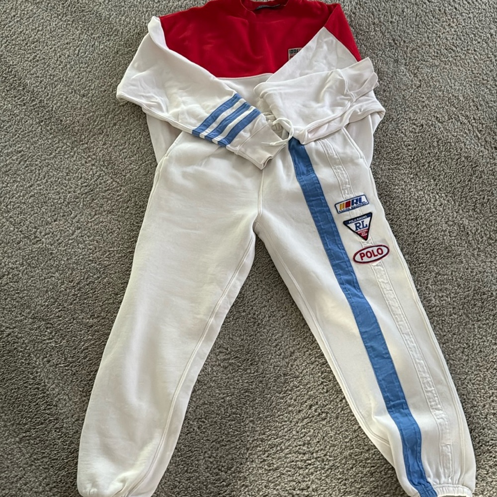 Polo by Ralph Lauren White Joggers with Blue Stripe and Red Top